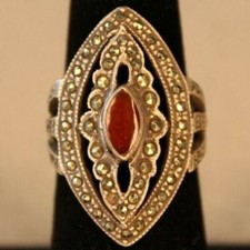 CARNELIAN MARCASITE STUDDED 925 STERLING SILVER WOMEN'S RING SIZE 6.5