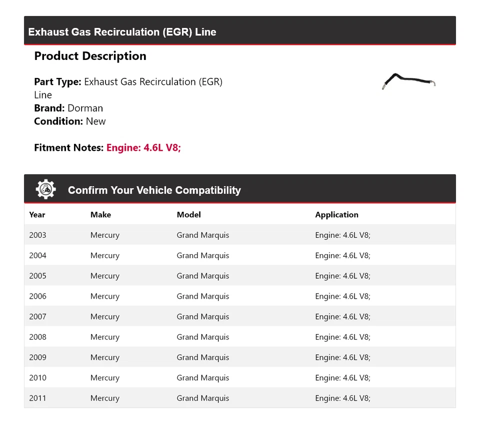 Para Mercury Grand Marquis 2003-2011 4,6 L V8 Dorman EGR Line 2004 2005 2006 2007 Foto 2 de 4