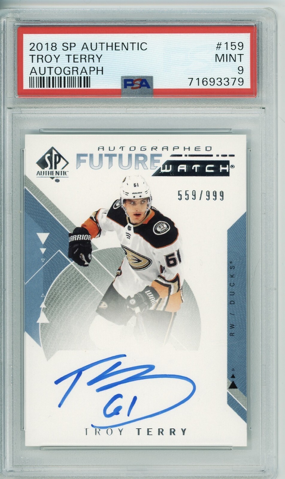 2018/19 UD SP AUTHENTIC Troy Terry FUTURE WATCH AUTO RC ROOKIE /999 PSA 9