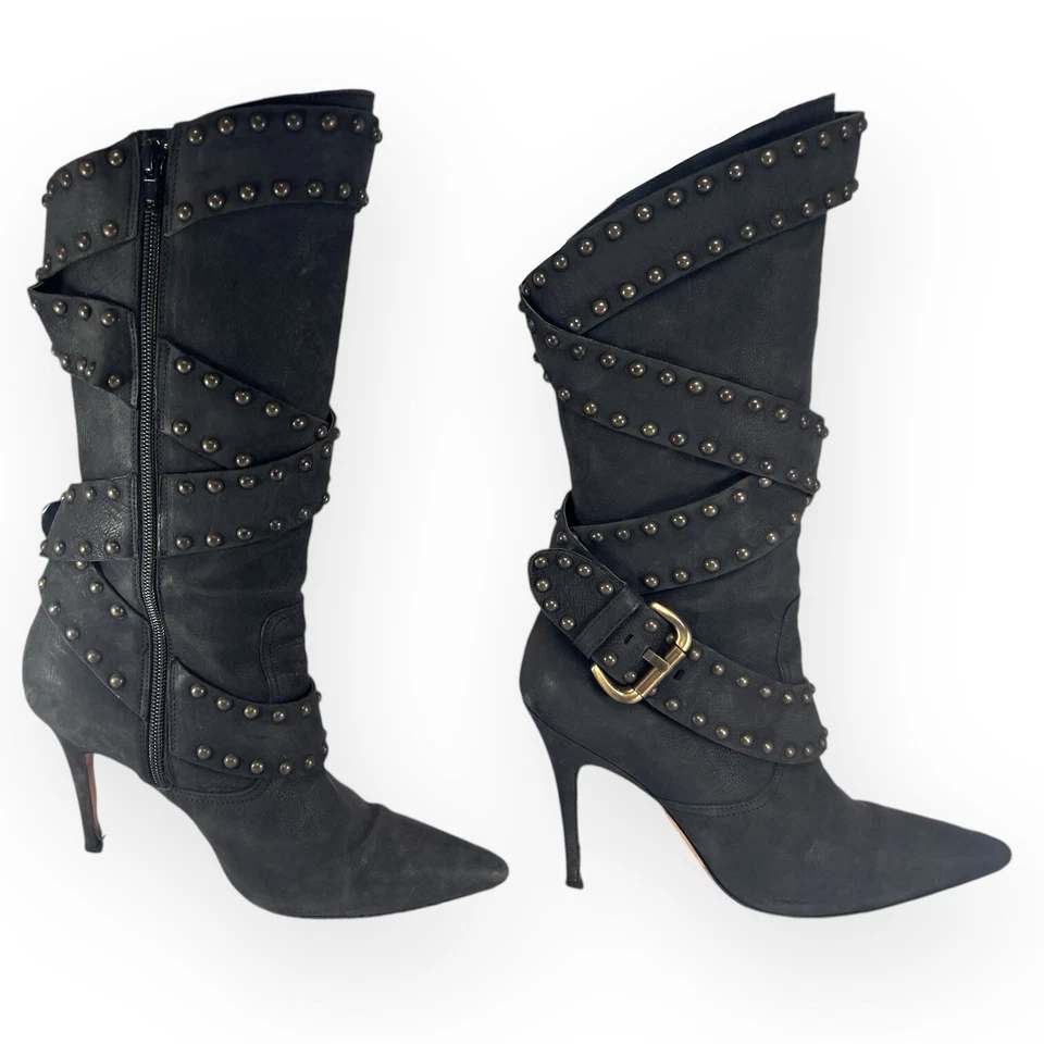 Manolo Blahnik YKK Correa Media Pantorrilla Cuero Tachonado Botas Negras Tacones de aguja - 38 Foto 2 de 4