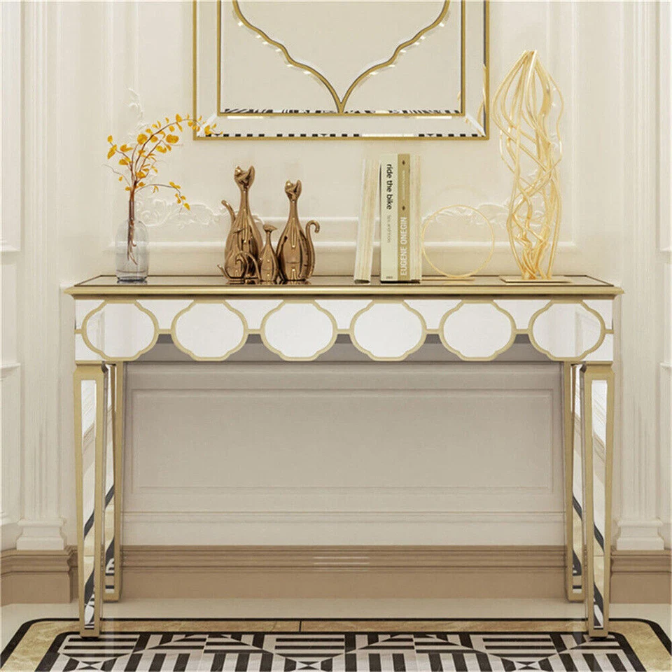 FATIVO Glass Mirrored Console Table Gold Trim Side Bar Table Living Room Hallway - Image 2 of 4