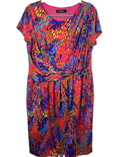 Ellen Tracy Dress Size 16 Fit & Flare Rainbow Artsy Stretch Sheath Cap Sleeve