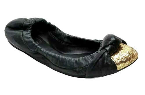 TORY BURCH KATIE BLACK LEATHER GOLD GLITTER TOES BALLET FLATS,Size 7 M - Picture 3 of 8