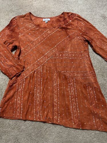 Dress Barn Top Womens Orange XL Pullover 3/4 Sleeve Tunic Embellished - Picture 2 of 8
