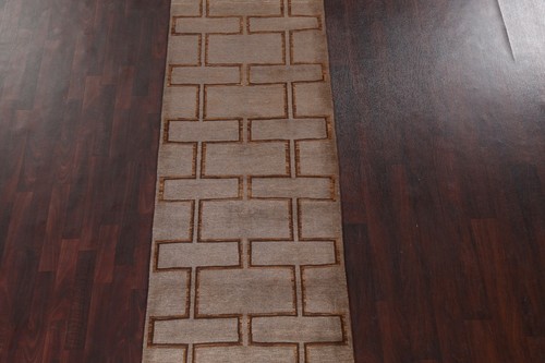 Geometric Gabbeh Oriental Runner 3x10 Rug Hand-knotted Plush Wool Brown Carpet - Picture 3 of 12