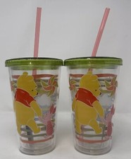 Set Of 2 Pooh  Piglet Plastic Insulated Disney Store Tumblers With Straws NWT