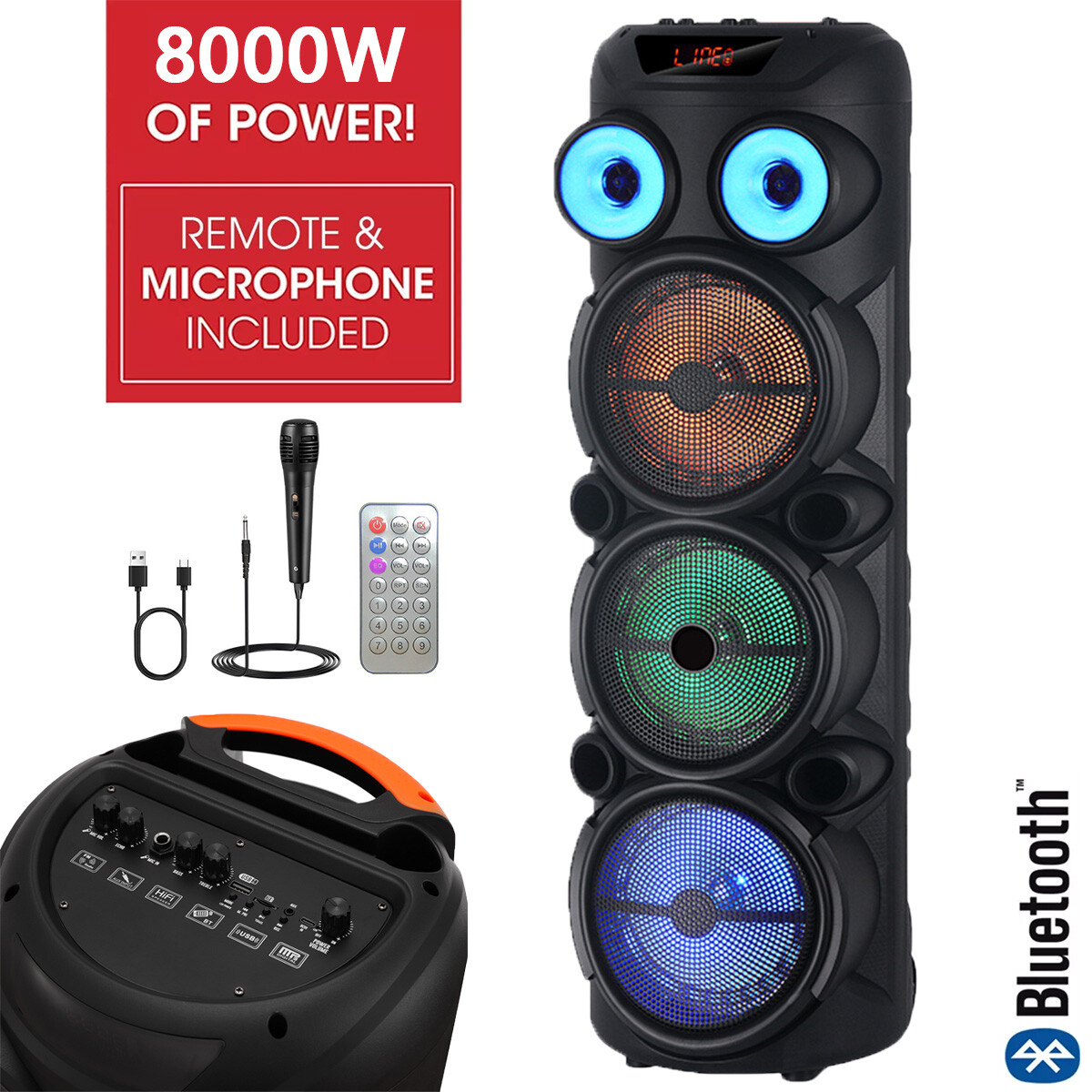 8000W Portable Karaoke Party Speaker 3&ast;8in Woofers  Lasting Battery w&sol;Wired Mic