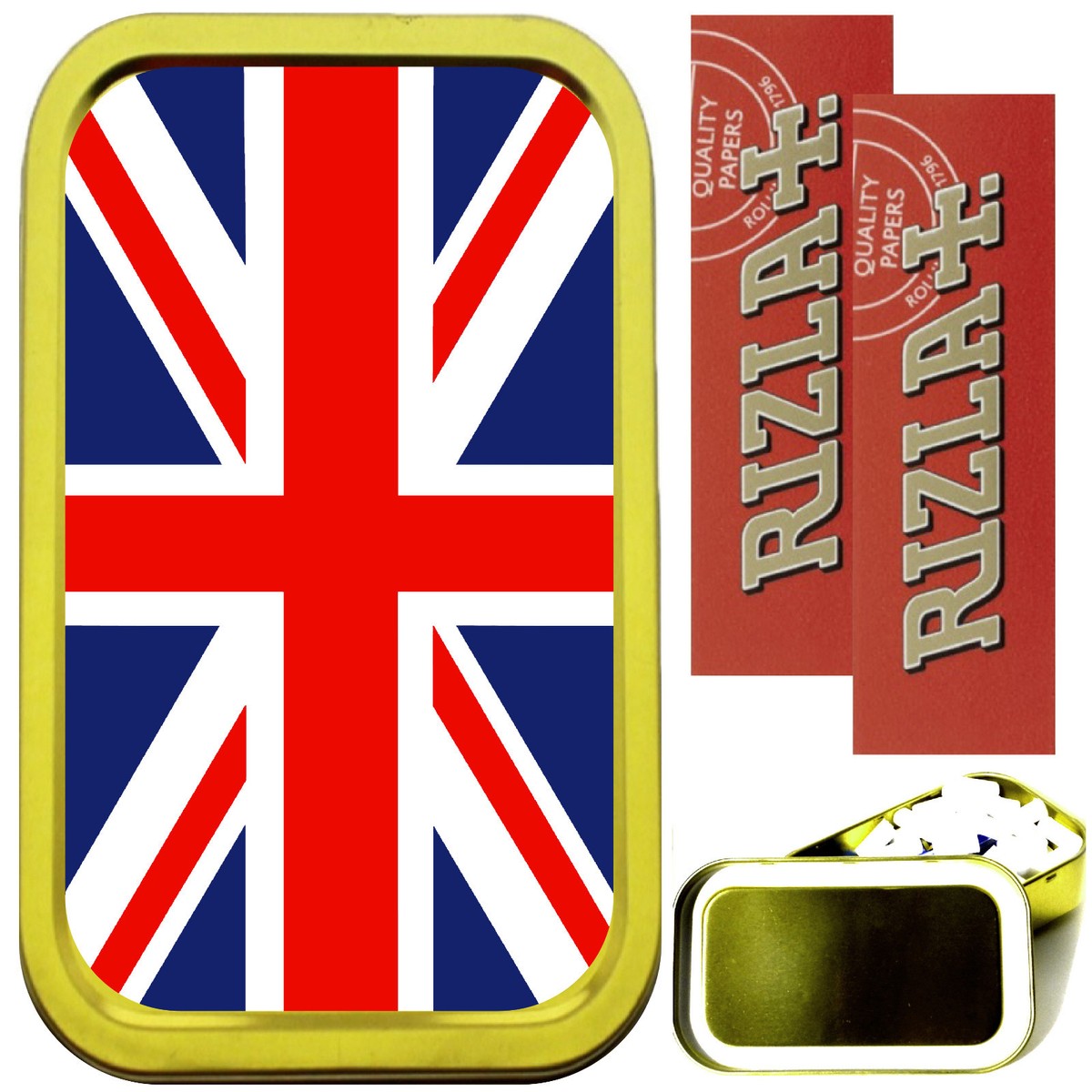 UNION JACK SMOKING SET, GOLD 1oz TOBACCO TIN, 2 X RIZLA PAPERS & FILTERS