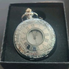 Quartz Silver Full Hunter Pocket Watch Roman Numerals Analog with Chain