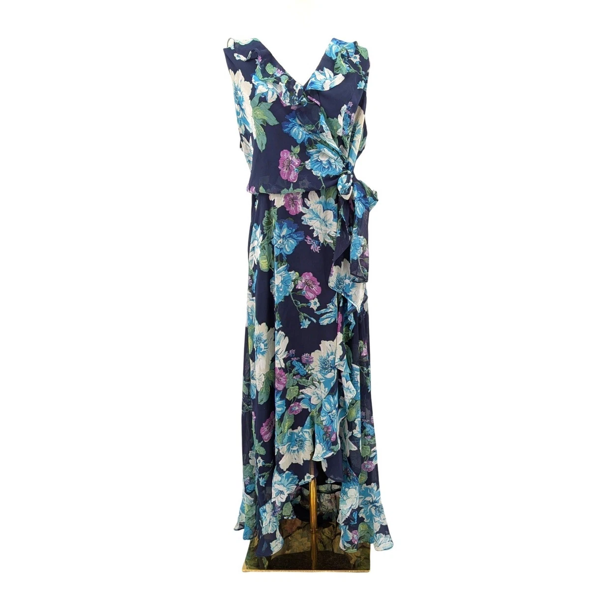 chinese dress ladies London Times V-Neck Ruffled Floral Print Zipper Back Chiffon Maxi Dres –  Curated Brands main image 0
