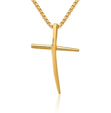14K Solid Yellow Gold Cross Floating Chain Slide Pendant Necklace
