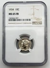 1934 Mercury Dime 10C NGC MS65 FB Full Bands Silver US Coin Winged Liberty   BM1