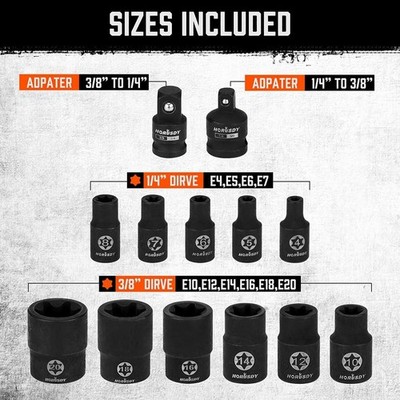 13 Piece E-Torx Socket Set External Socket Set includes 11-Piece Female E-Torx