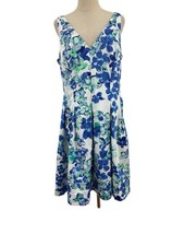 Lauren Ralph Lauren Blue Floral Sleeveless Dress Sz 16 Fit & Flare Cotton Blend