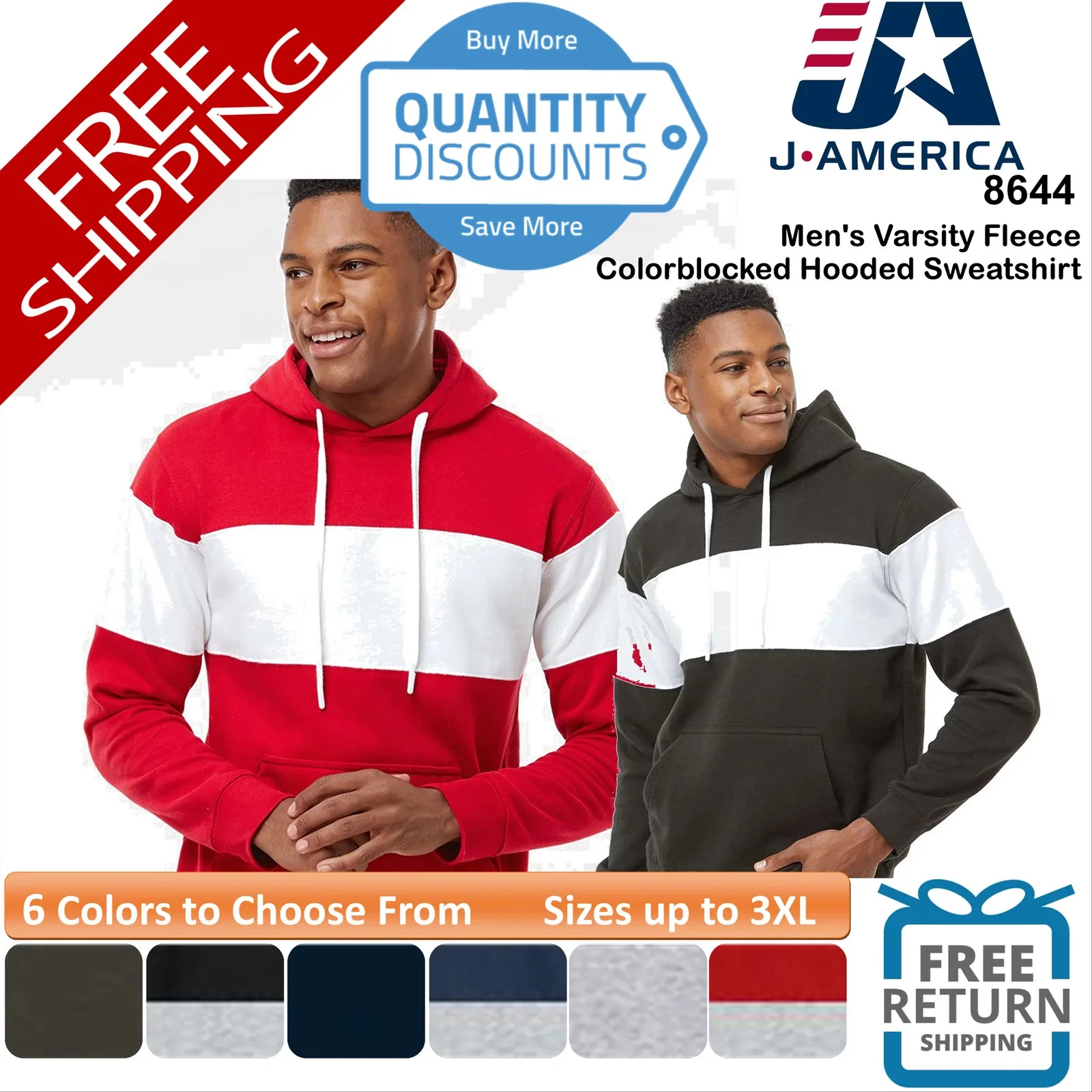 🔥 J. America Men Varsity Fleece Colorblocked Hooded Sweatshirt Up To 3XL 8644