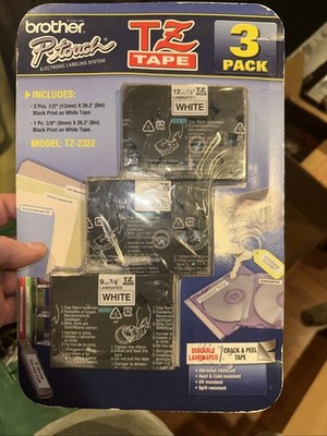 BROTHER P-TOUCH TZ Tape 3 Pack (2) 1/2'' & (1) 3/8'' Factory Sealed TZ-2322