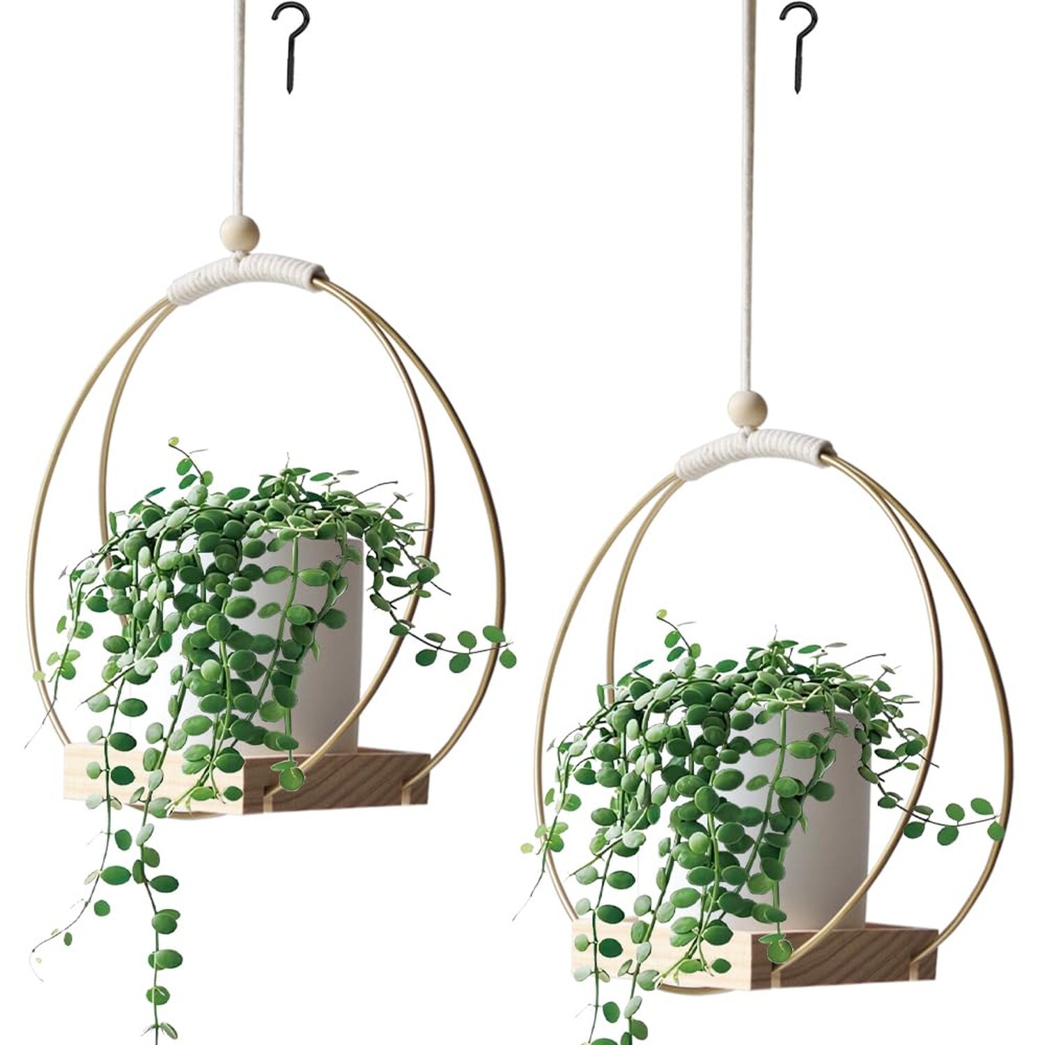 Macrame Plant Hangers with Wood Base -2 Pack Boho Hanging Plant Holder for In...