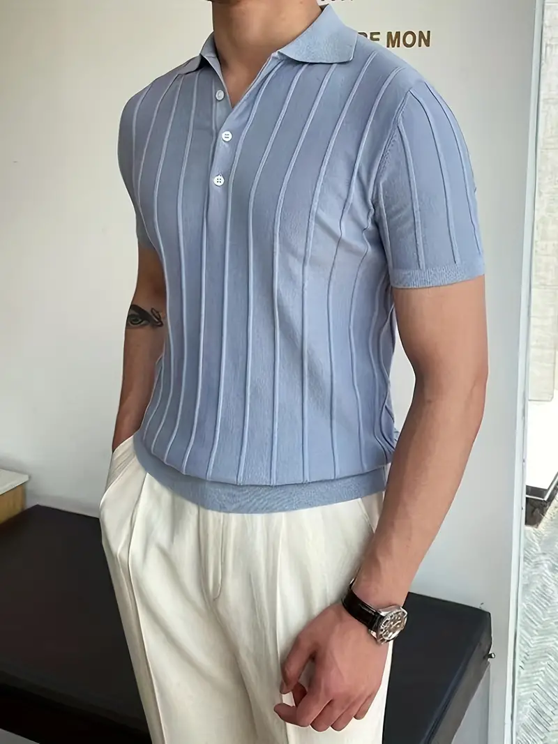Sky Blue Men High Stretch Striped Polo Rib Knit Non-Sheer