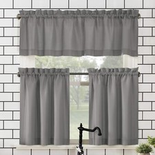 No 918 Martine 3 Piece Kitchen Curtain Set Grey Microfiber Valance and Tiers