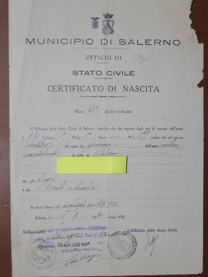 Documento Epoca Fascista Certificato Di Nascita Municipio Di Salerno 1930 Civile Ebay