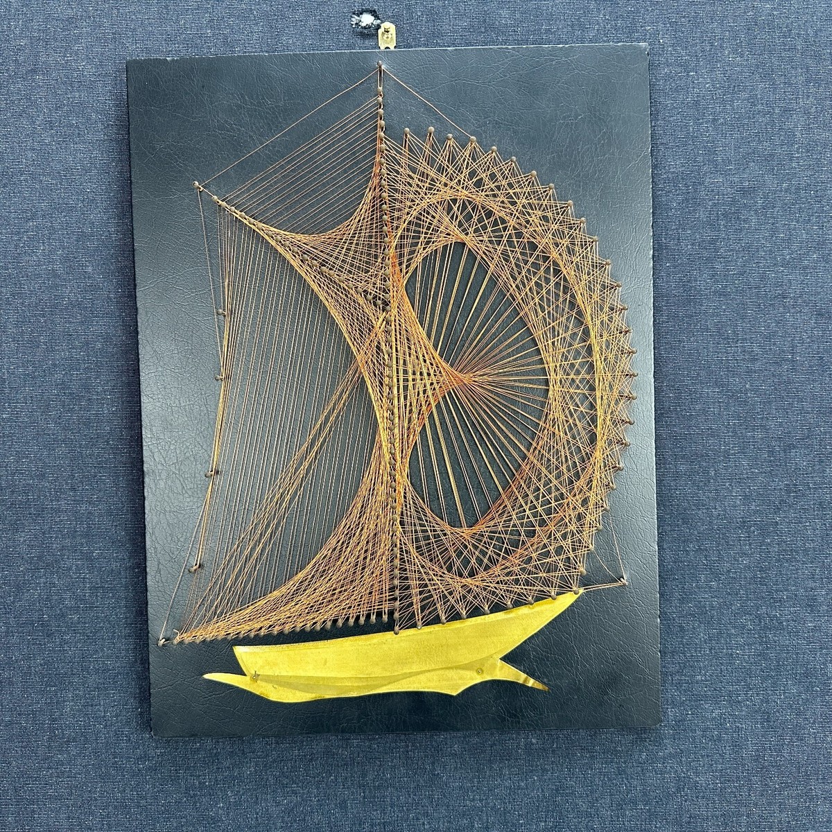 1960年代　ミッドセンチュリー　ヨット壁掛けワイヤーアート Vintage Mid Century Wire Art Sailing Ship Copper Wire Nail