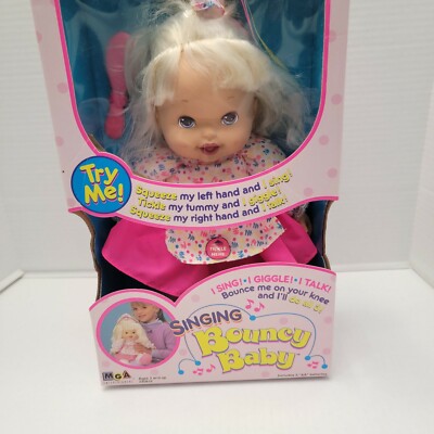 New 1997 MGA 230816 Singing Bouncy Baby Giggle Talk Blonde Hair