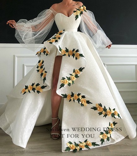 Sexy Wedding Dresses 3D Flowers Sweetheart Puff Sleeve Arab Saudi Bridal Gowns - Picture 4 of 8