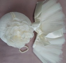 Newborn Girl Bow Back Tutu Skirt, Bracelet  Headband Beige