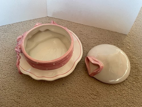 Porzellan Schale Schüssel mit Deckel in Hut Form weiß rosa Hut mit Schleife süß - Bild 2 von 12