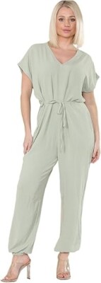 Women s Short Sleeve V-Neck Tie Belt Waist Jumpsuit Baggy Oversized Harem Romper