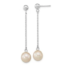 Real 14ktw 7-8mm White Round Freshwater Cultured Pearl Dangle Post Earrings