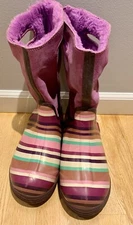 Bogs Womens Boots 8.5 Purple Striped Suede Leather Mid Waterproof Rain Snow Warm