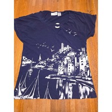 Alfred Dunner Women SM Navy White Seaside Village Sequin Ring Keyhole Neck Top