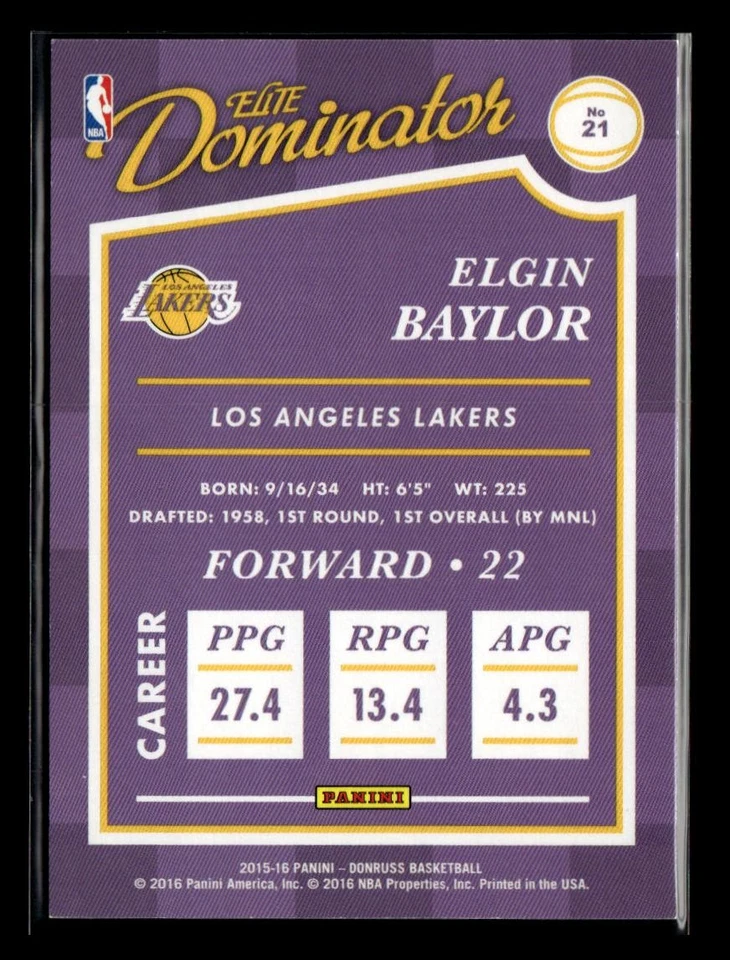 2015-16 Donruss #21 Elgin Baylor Elite Dominator Hall #/999 - Image 2 of 2