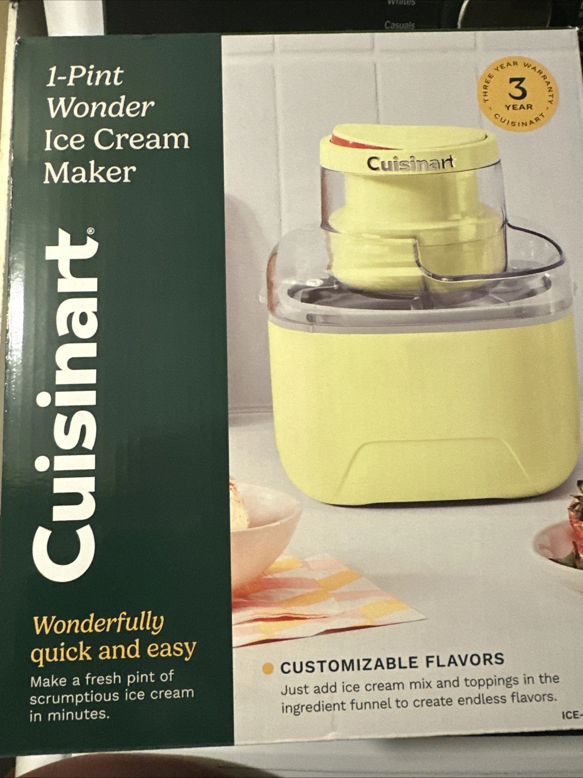 Cuisinart 1 Pint Wonder Ice Cream Maker Lemonade-Yellow NEW