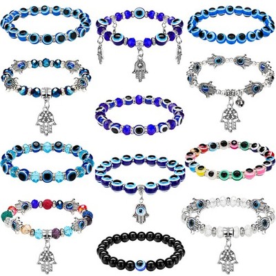 Junkin 12 Pcs Evil Eye Beaded Charm Bracelets for Women, Greek 7 inches, Blue 
