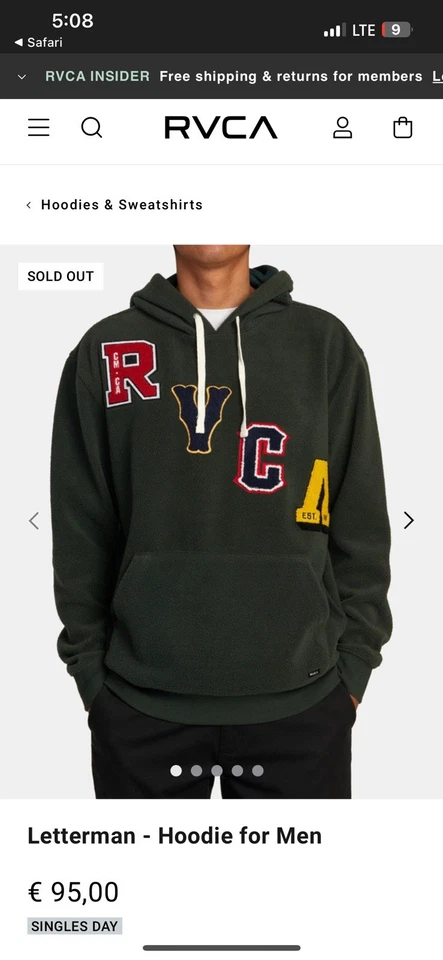 RVCA Letterman Hoodie Men’s Dark Green Fleece Pullover Sweatshirt Varsity Size M - Image 2 of 4