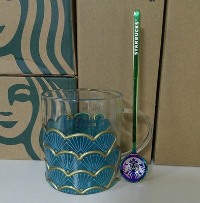 Starbucks The Sea Blue Series Blue Mermaid Scale Glass Mug with Spoon 355ml