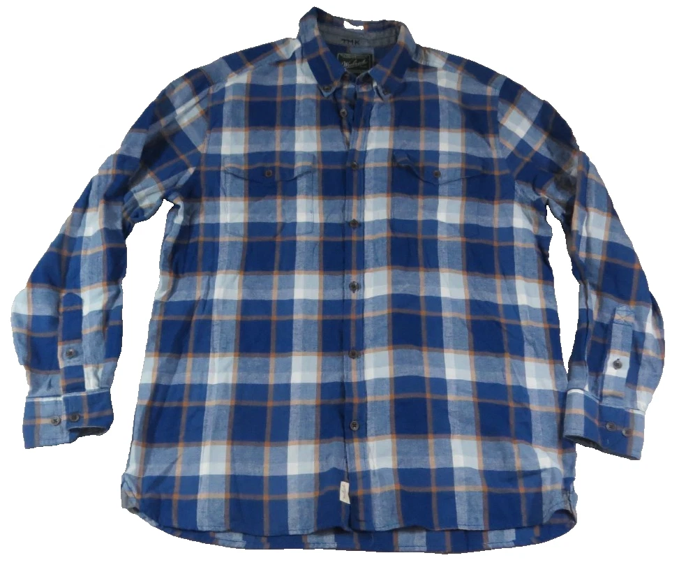 Woolrich Mens L Blue Plaid Flannel Shirt Long Sleeve Organic Cotton Outdoor Work