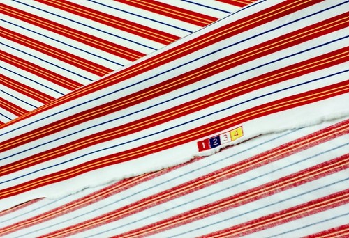 DURALEE PENNYS STRIPE RED BLUE CREAM YELLOW CUSHION FABRIC BY THE YARD 54" WIDE - Picture 4 of 5