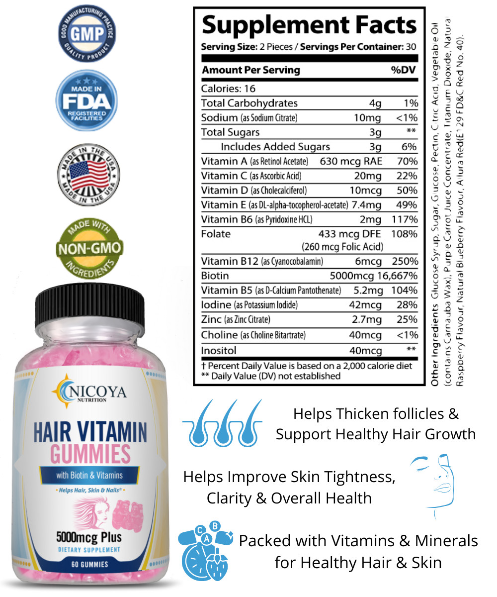 Hair Gummy Vitamins For Faster, Stronger, Healthier Hair Growth 5000mcg PLUS!