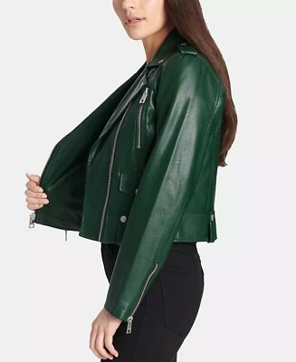 Green Leather Jacket for Women Pure Lambskin Biker Jacket Size