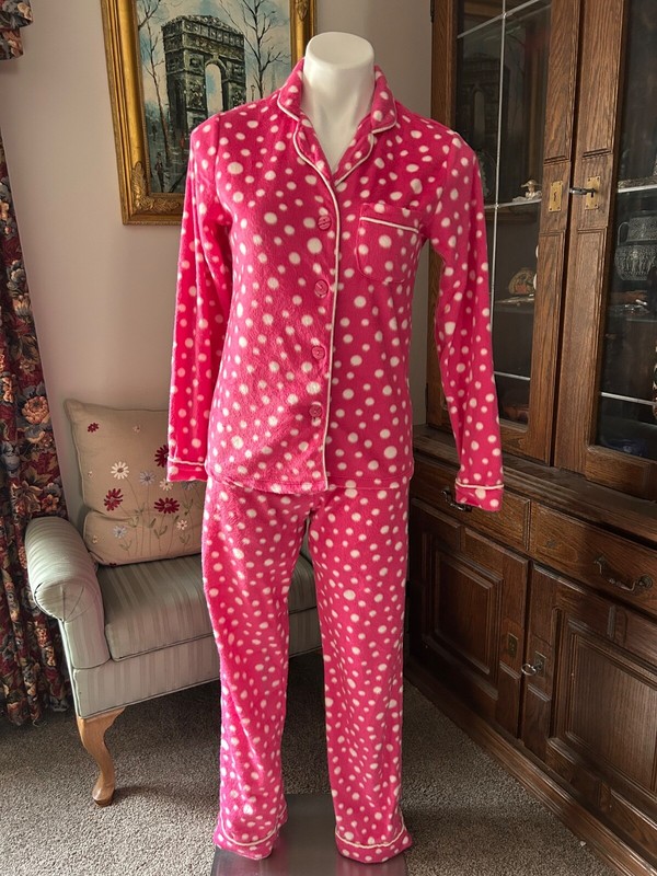 Kensie Womens XS Pajama Set pink white Dots Fuzzy Tie Waist Bottoms Button Top