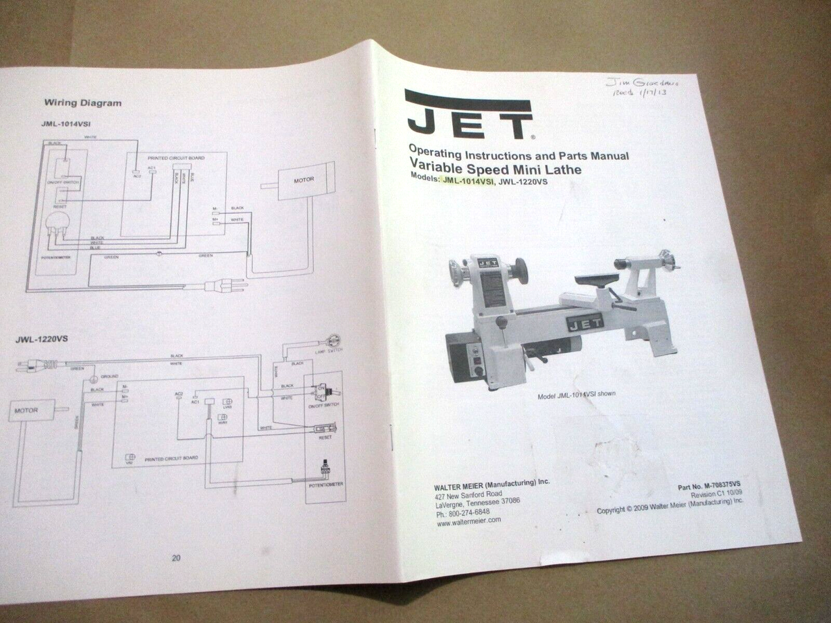 Jet VS Mini Lathe Models JML-1014I & JWL-1220 Operator & Parts