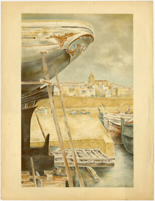 Antiker Druck-LANDSCHAFT-ANSICHT-HAFEN-SCHIFF-PALMA-Schuhmacher-1947
