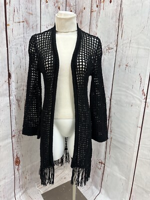 BCBG MAXAZARIA Black Open knit Fringe Cardigan Size XS TCC