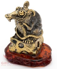Brass Amber Figurine of money magnet mouse Rat sits on a cheese w coin IronWork
