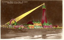 BLACKPOOL FROM NORTH PIER BY NIGHT SHOWING ILLUMINATIONS c1930 RP POSTCARD