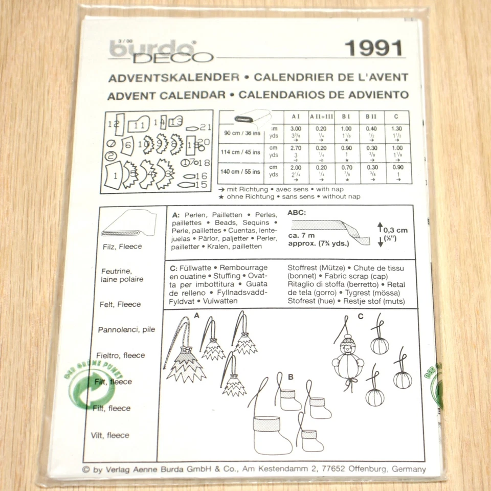 Burda Deco Advent Calendar 1991 Sewing Pattern - Image 2 of 2