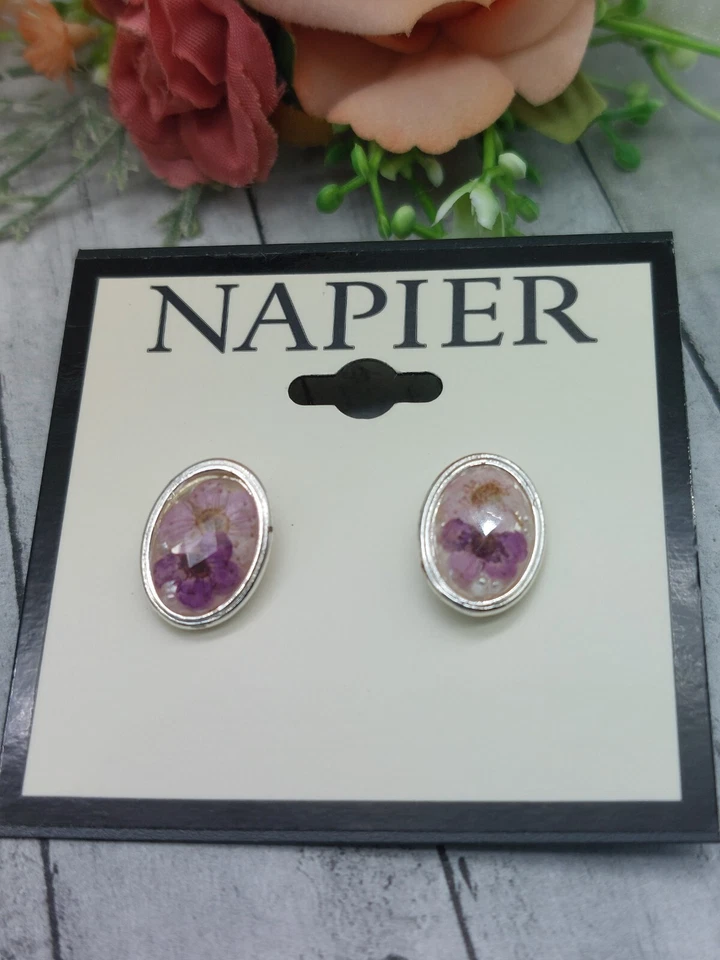 New Napier Silver Tone Simulated Pearl Purple and White Stud Earrings 3/4 " - Image 4 of 4